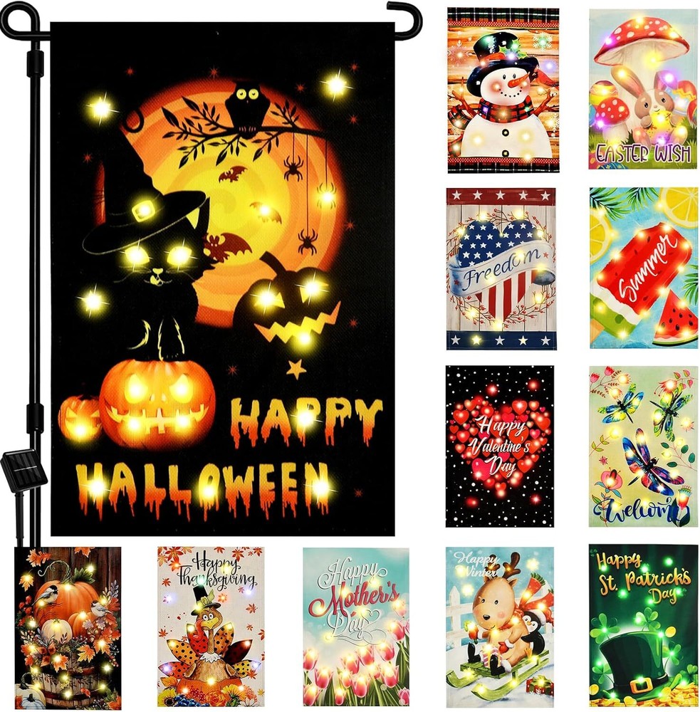 Solar-Powered 12×18 Double-Sided Seasonal Garden Flags Set of 12 with Colorful Lights-image