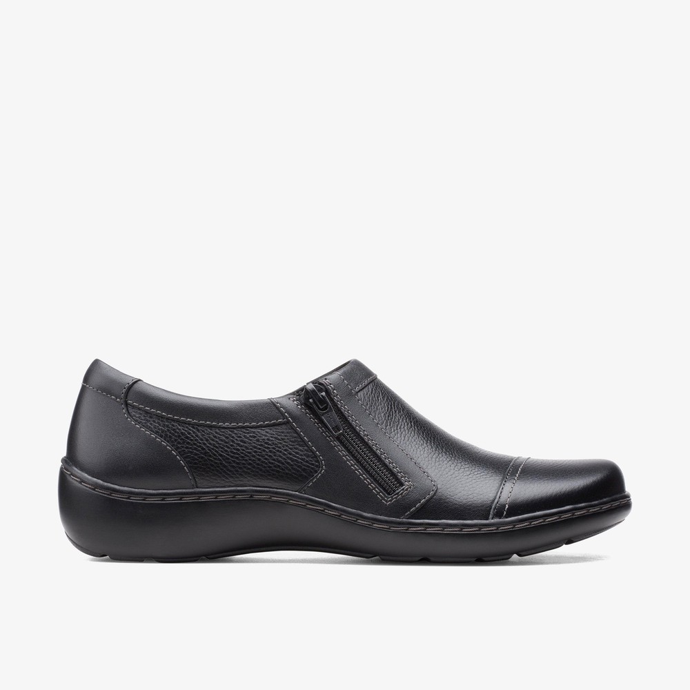 Clarks Womens Cora Giny Black Tumbled Slip Ons Leather Casual