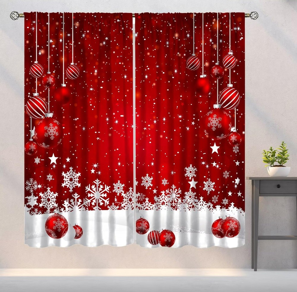 Christmas Curtains, Snowflakes Winter Season Theme Art Printed Blackout Windo...
