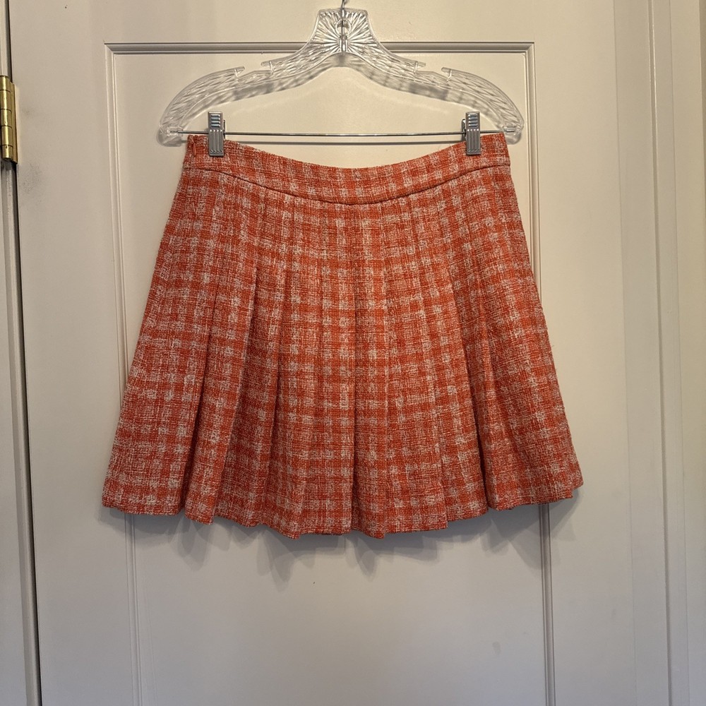 Zara Women Orange Plaid Pleated Front Regular Fit Short Skater Skirt Size Medium