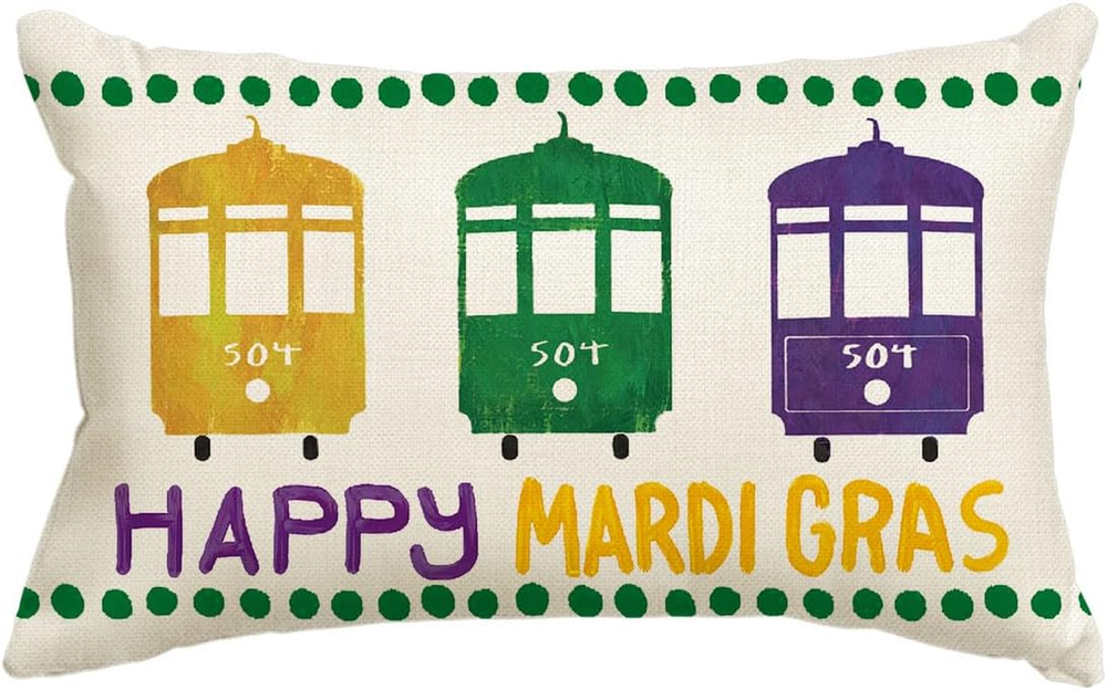 Happy Mardi Gras Bus No. 504 Throw Pillow Cover, 12 X 20 Inch Holiday Party Cush