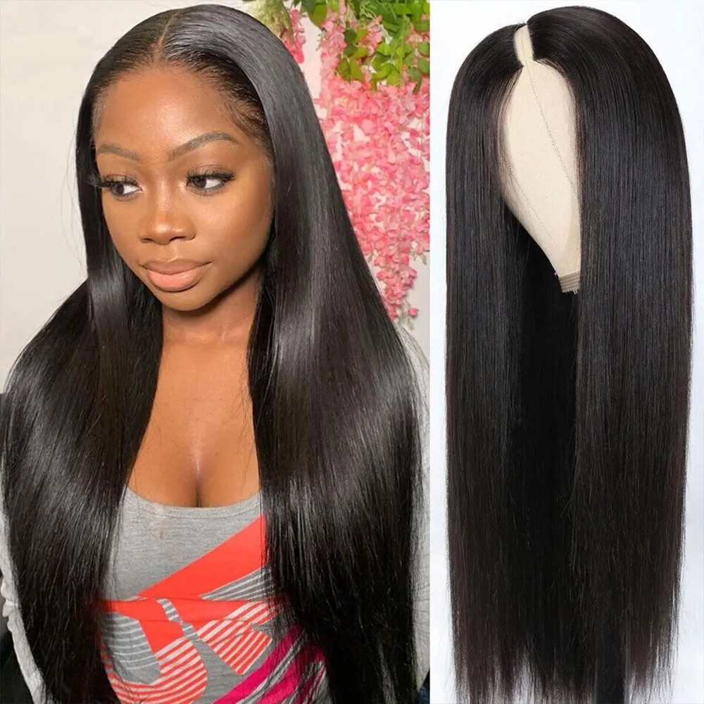 V Part Bone Straight Glueless Brazilian Human Hair Wig Ready to Wear