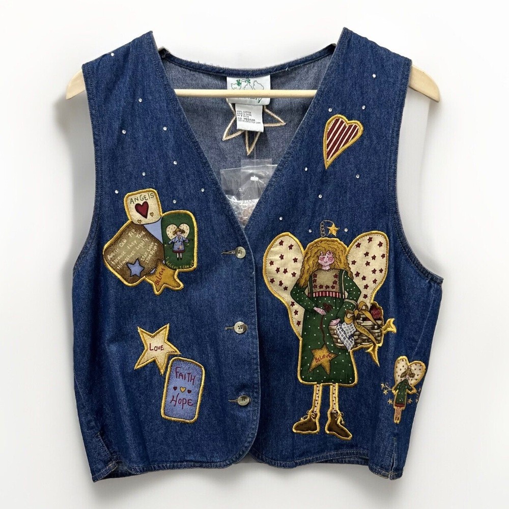 Quacker Factory Jean Vest Jacket M Angel Denim Button Sleeveless Christmas NWOT