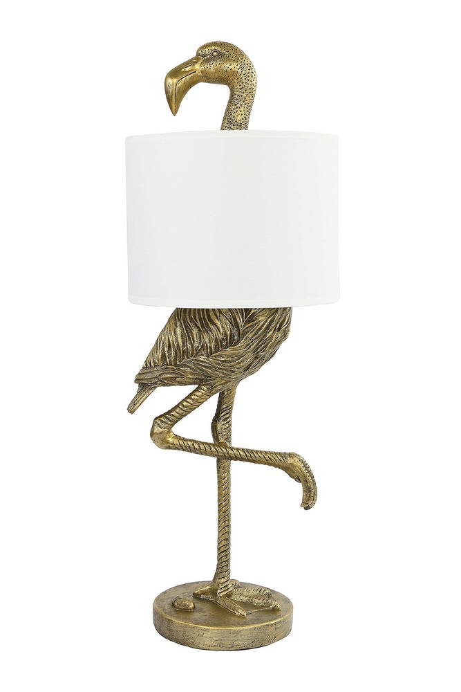 Resin Flamingo Table Lamp with Linen Shade and Gold Finish, 32 Inches Tall