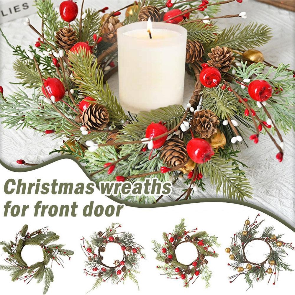 Christmas Candle Rings Artificial Red Berries Snowy Pine Needles Garland B9 E1M9
