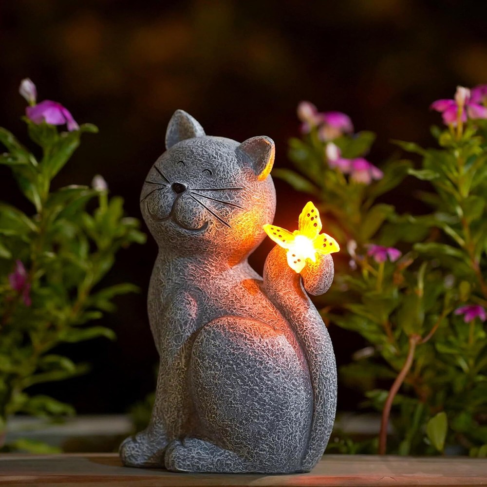 Nacome Solar Cat Outdoor Statues for Garden: Outside Decor with Butterfly Cleara