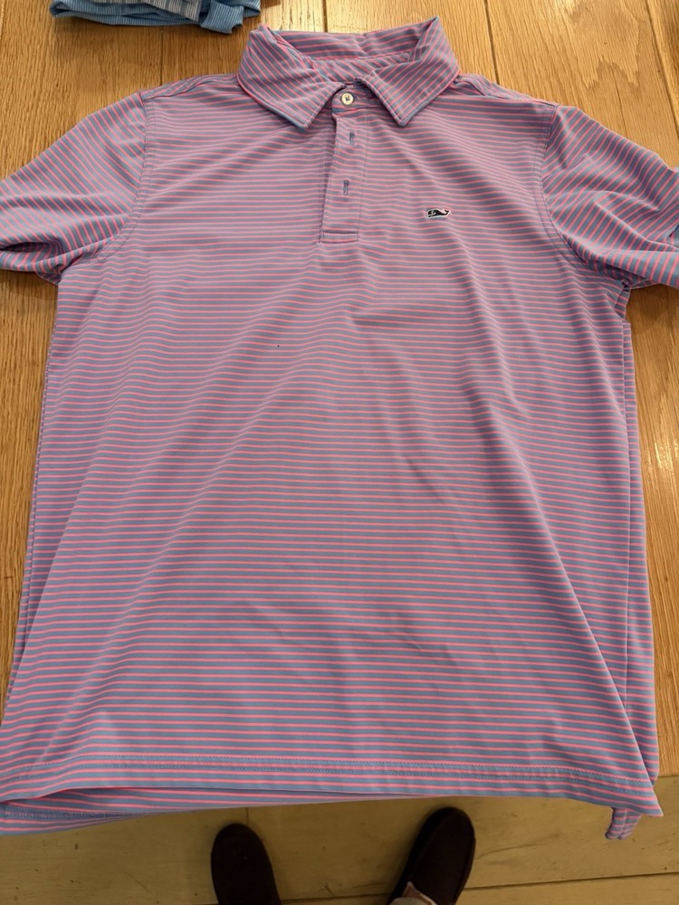 3 Vineyard Vines Youth Polos. Red&Purple Striped + Blue:Youth Lg. White:Youth Xl