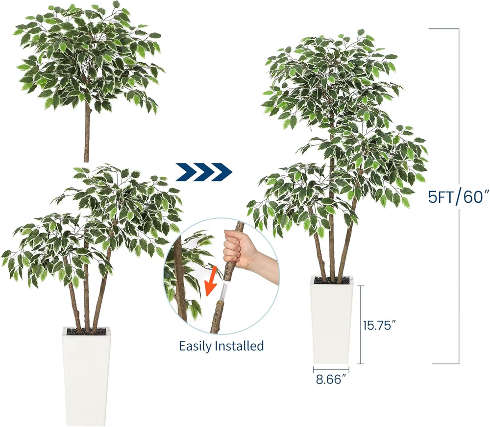 5/6Ft Artificial Tree Ficus, Tall Faux Trees Indoor Faux Ficus Tree Potted Large