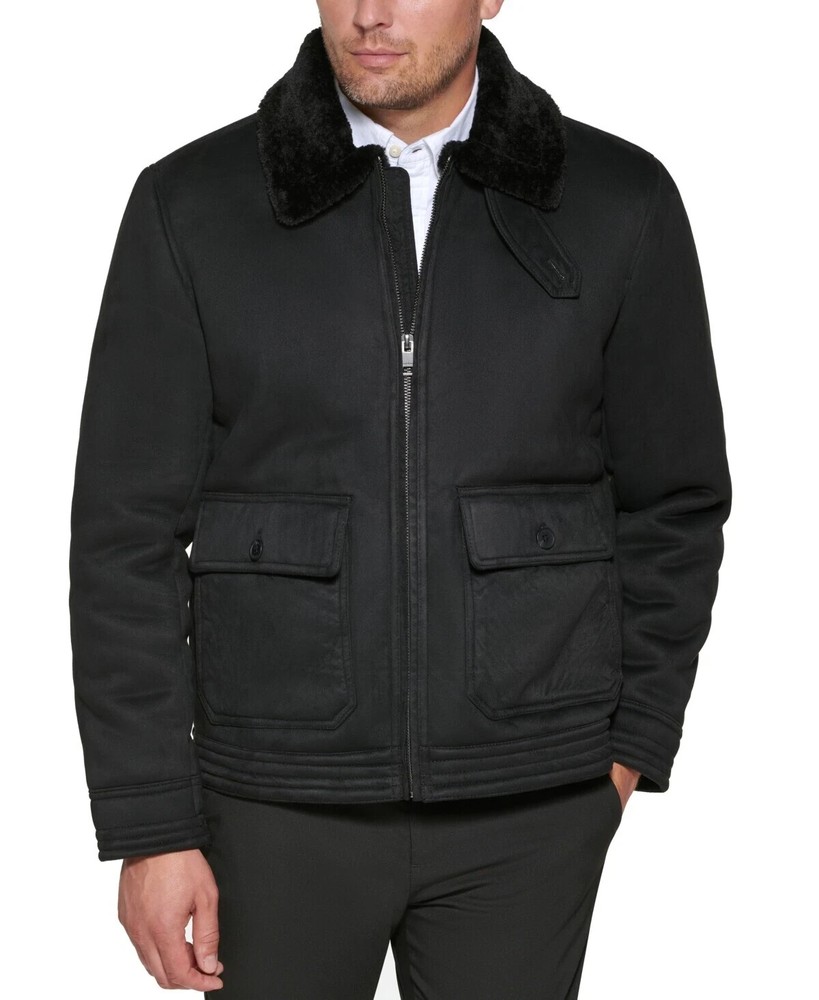 Club Room Mens Regular fit Casual Faux Suede Coat Fleece Lining, Black,  XL