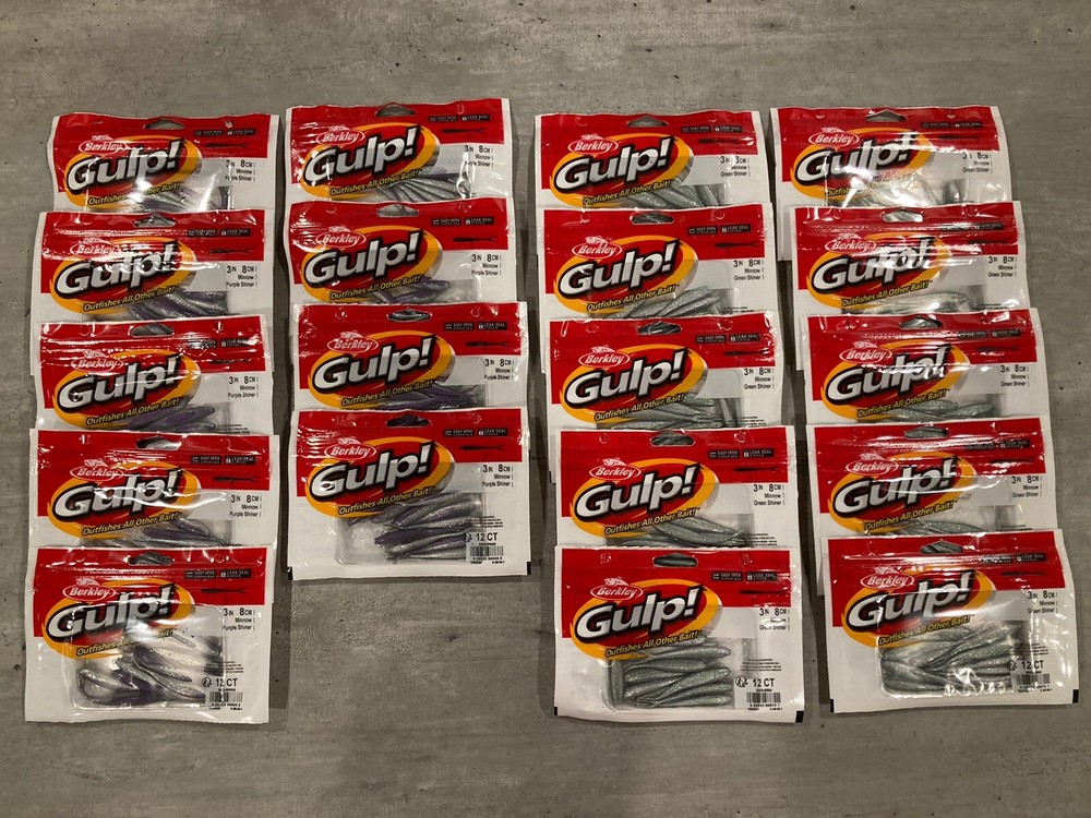 19 Sealed Packs - Berkley Gulp 3 Inch Minnow in Purple & Green Shiner