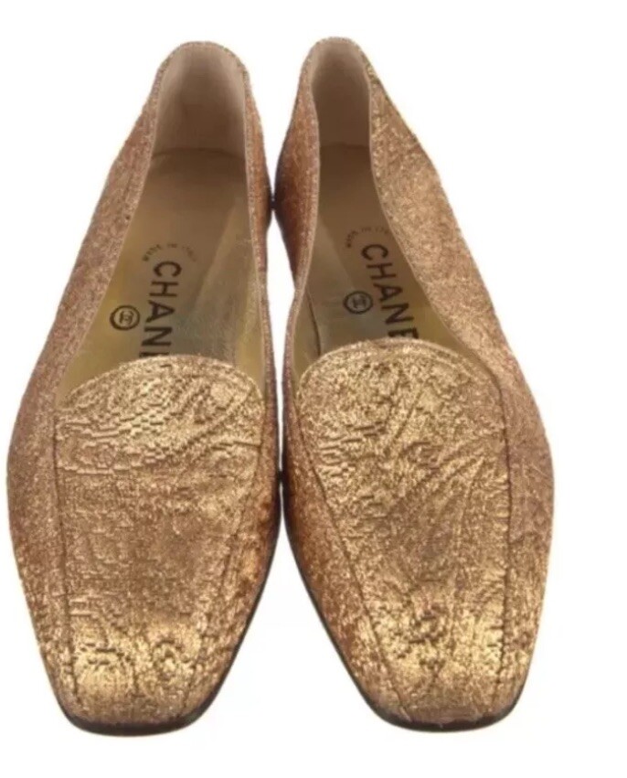 CHANEL Authentic Nylon Gold Loafers Size 6.5 T 36.5 Made in Italy