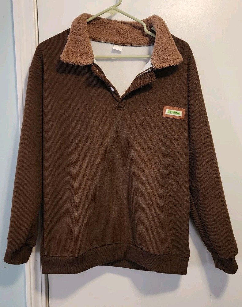 Men's Brown Corduroy Fleece Sweatshirt Size S Athletic Newmode Tide