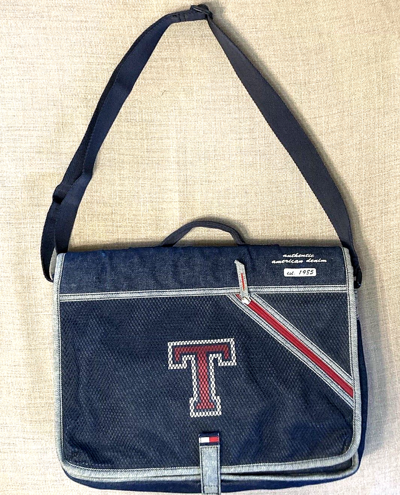 Back to School Tommy Hilfiger Blue Denim Book bag T Logo Tote Organizer-image
