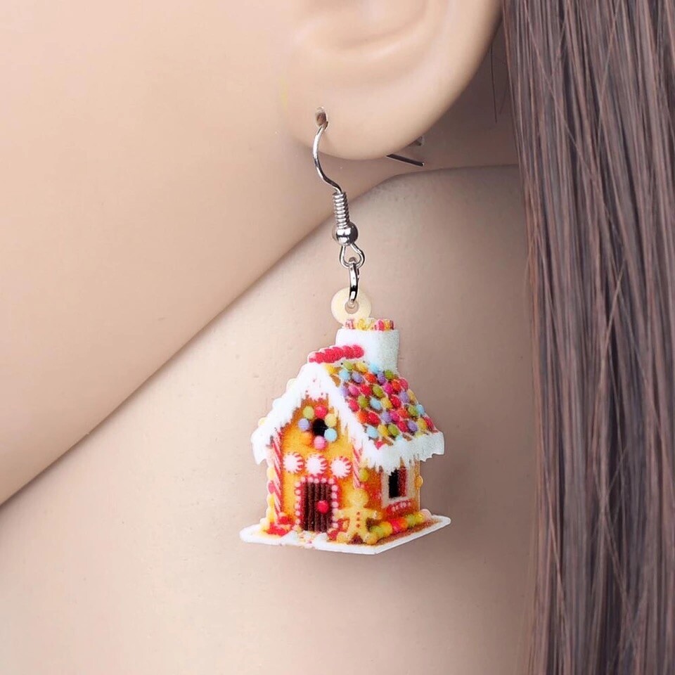 Festive Christmas Gingerbread Cookie House Earrings Flat Lightweight Design