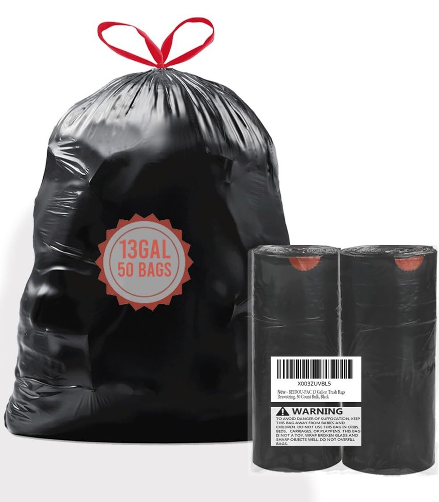 13 Gallon Trash Bags Drawstring, 50 Count Bulk, Black & Unscented Garbage Bag...