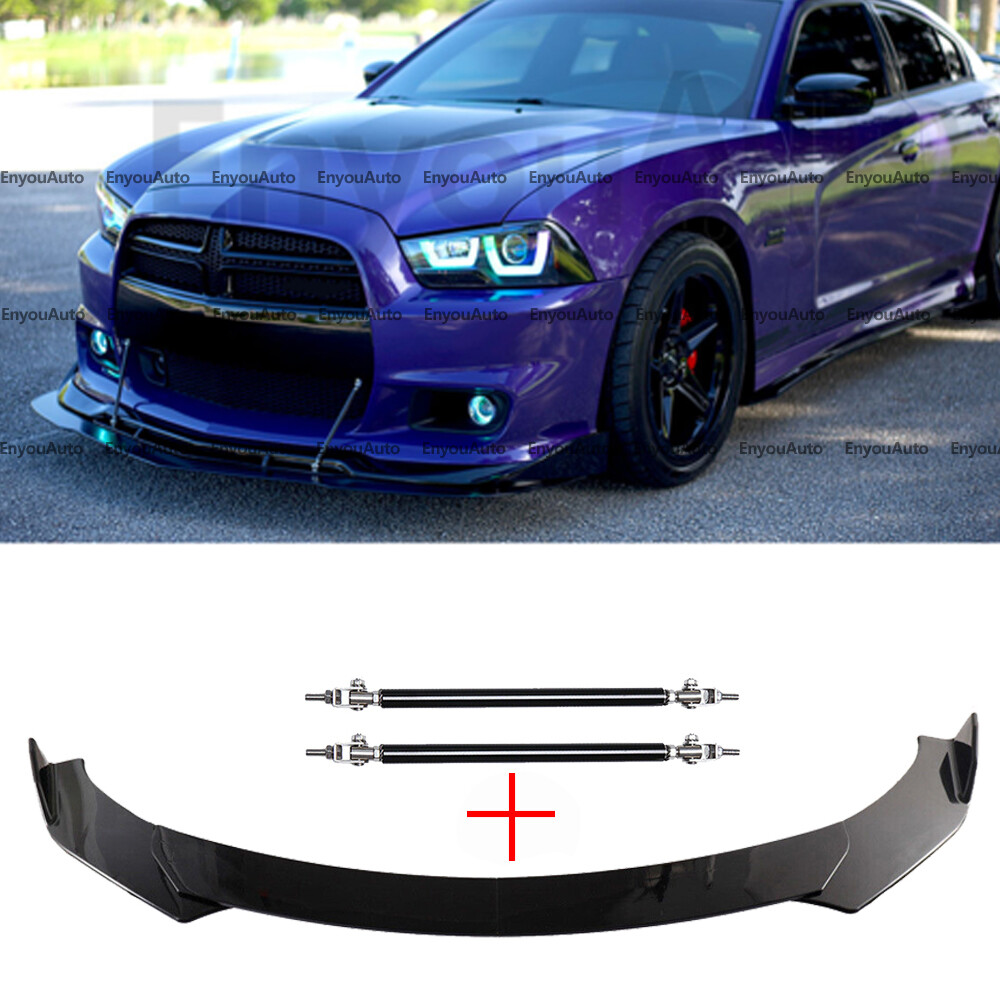 For Dodge Charger Front Bumper Lip Spoiler Splitter + Strut Rods Glossy Black