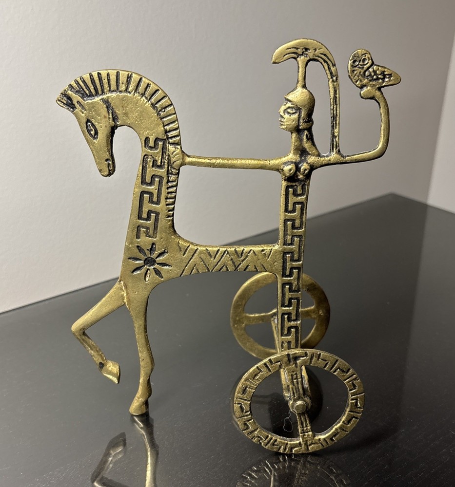 Brass Etruscan Horse Chariot Greek Sculpture MCM Owl Warrior 6x3x7.5 Inches