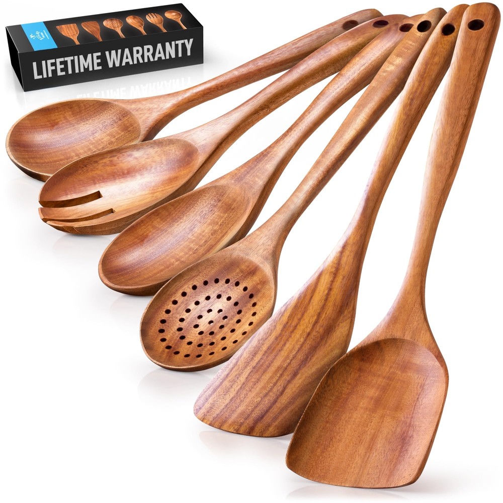 6-Piece Teak Wooden Spoons with Smooth Finish for Cooking