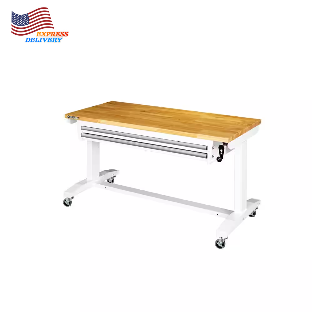 2-Drawer Adjustable Workbench with Solid Wood Top 52x24 Inches