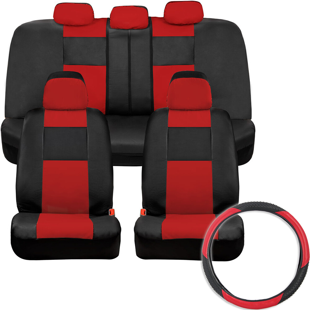 Faux Leather Car Seat Covers Full Set with Steering Wheel Cover,Red