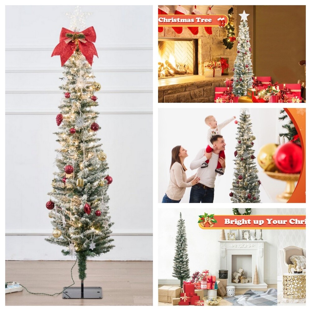 2PCS Christmas Tree 5ft Deluxe With Lights and Stand Snow Flocked XMAS Tree