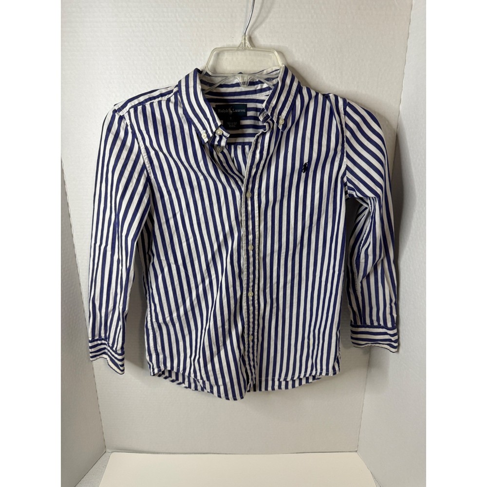 Ralph Lauren Boys Blue White Striped Button Down Shirt Size 7 Long Sleeve Polo
