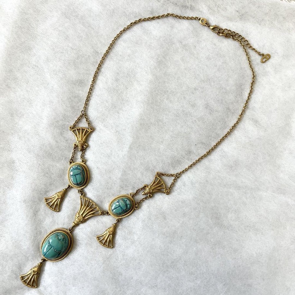 Vintage Christian Dior Turquoise Blue Gold Long Necklace