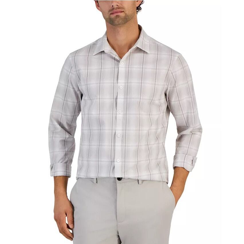 Alfani Men's White/Beige Cotton Plaid Print Long-Sleeve Button-Up Shirt Size 3XL