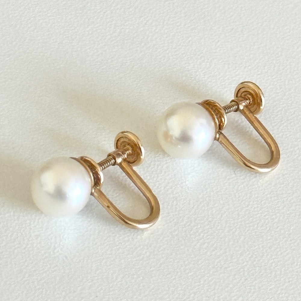 14K Solid Yellow Gold 7.5MM Pearl Vintage Screw Back Earrings