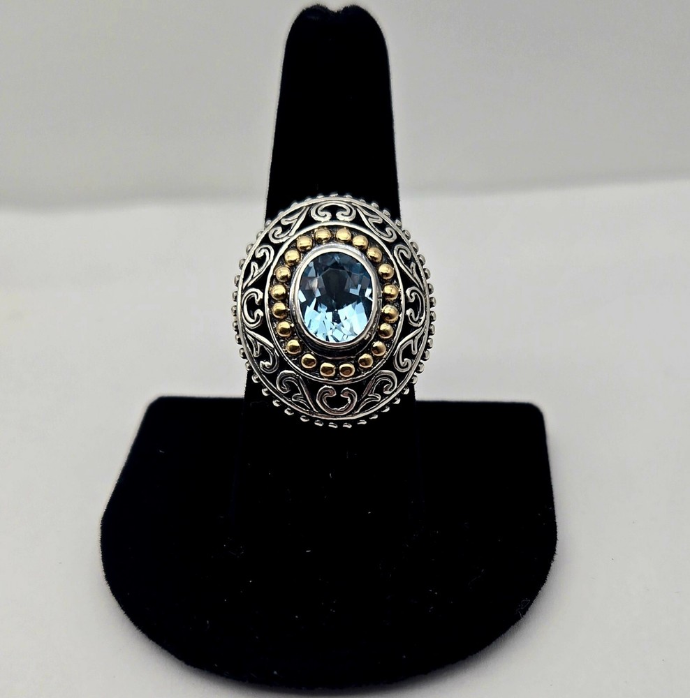 Greg Anthony Sterling Silver 18K Gold Oval Blue Topaz Byzantine Ring Size 8