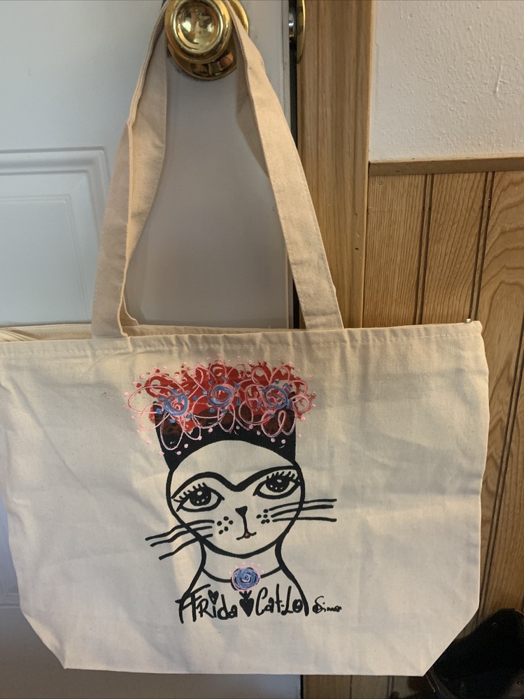 Frida Cat-lo canvas bag, original art, 14.5