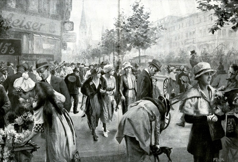 Tauentzien street in Berlin XXL 1919 art print flower stand dogs promenade