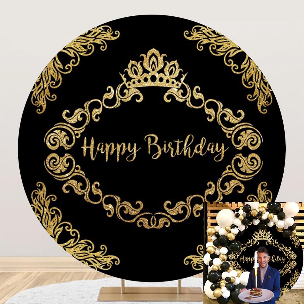 Happy Birthday Round Backdrop Cover Black and Gold Happy Birthday Backdrop Ha...
