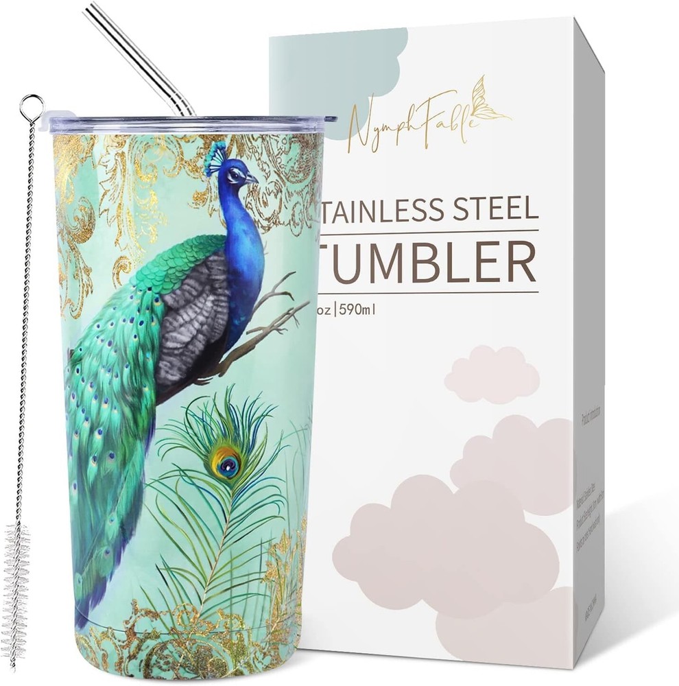 20Oz Stainless Steel Insulated Peacock Mug Tumbler with Lid & Straw  