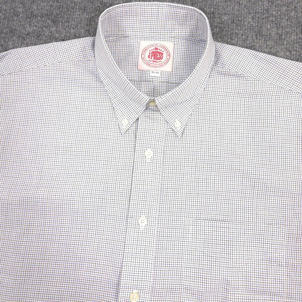 J. Press Dress Shirt Mens 16.5-32 Blue Black Check Front Pocket Made In USA