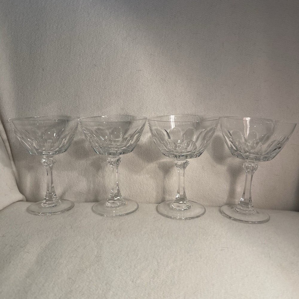Vtg Clear Crystal Champagne/ Sherbet Stemware Large Thumbprint Pattern Set 4