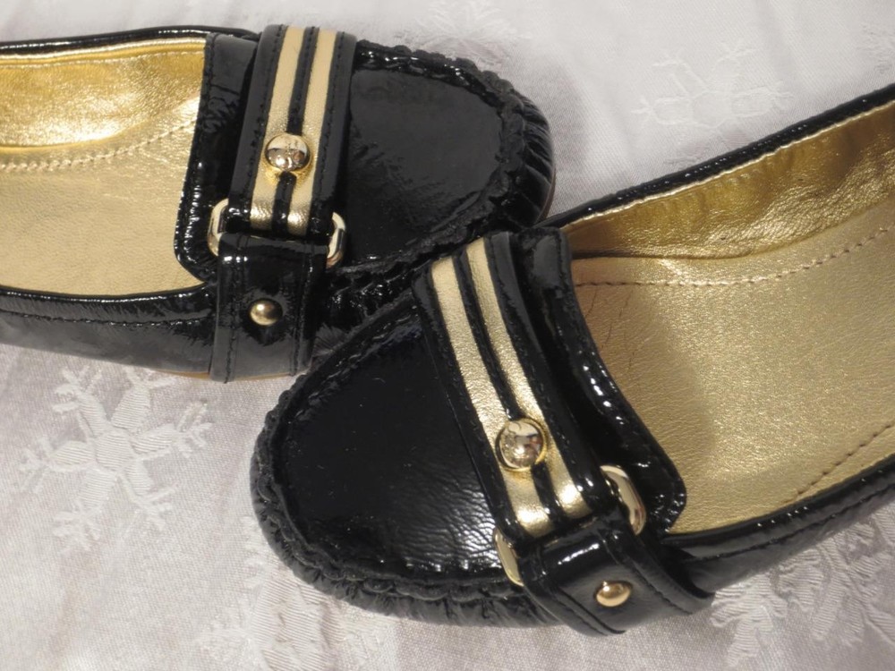 Coach Poppy Nessa Black & Gold Patent Leather Stripe Loafers Size 5.5 New