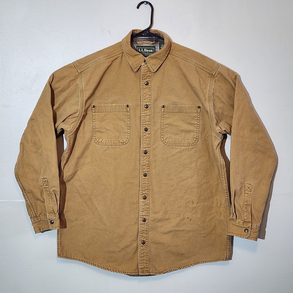 LL Bean Barn Jacket Men Large Tan Plaid Lined Snap Button Canvas Work Chore Tall