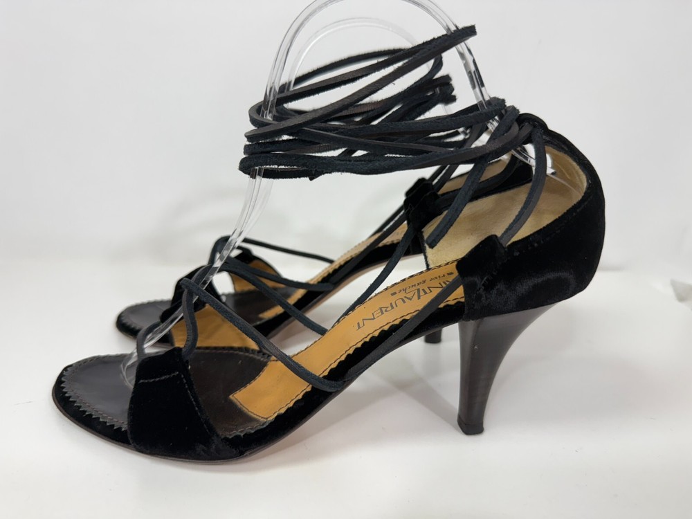 YVES SAINT LAURENT Paris Black Velvet Ankle Wrap Sandals Heels Size 39.5 US 9