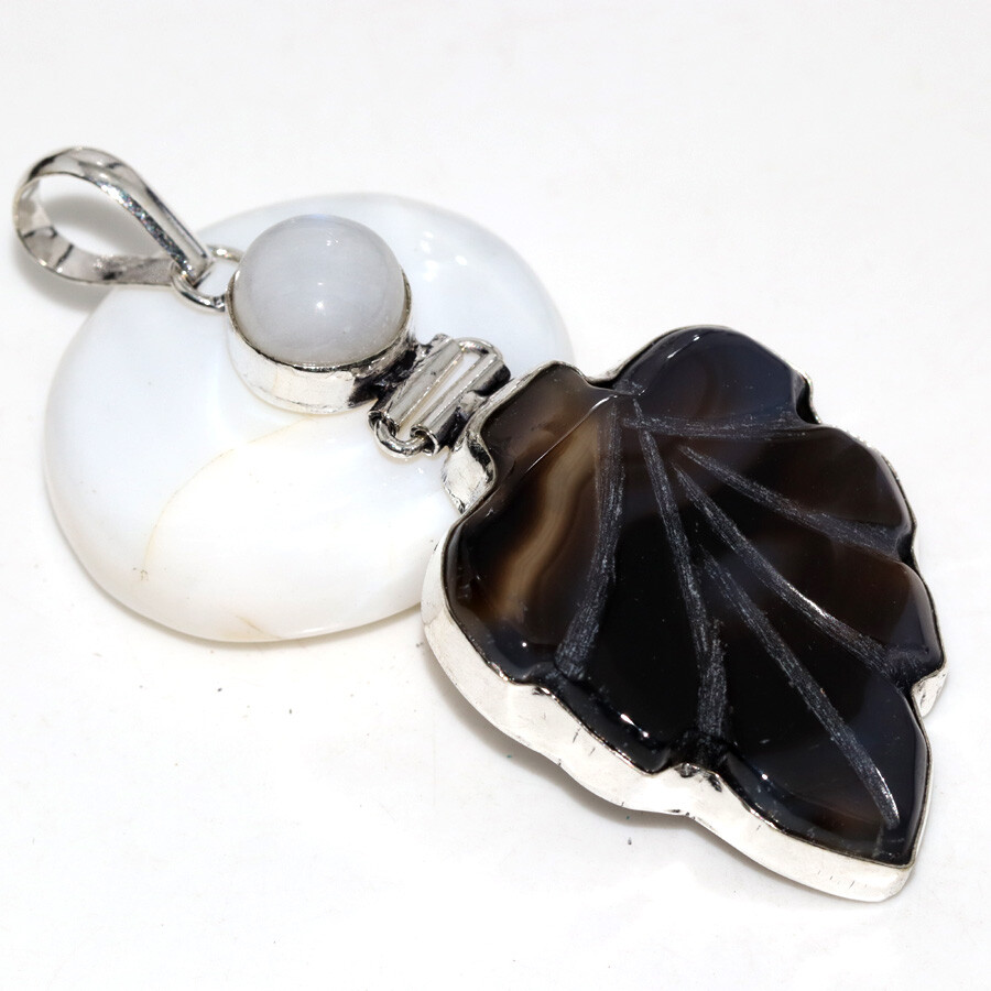 Carved Black Onyx Leaf Rainbow Moonstone Pendant 2.7