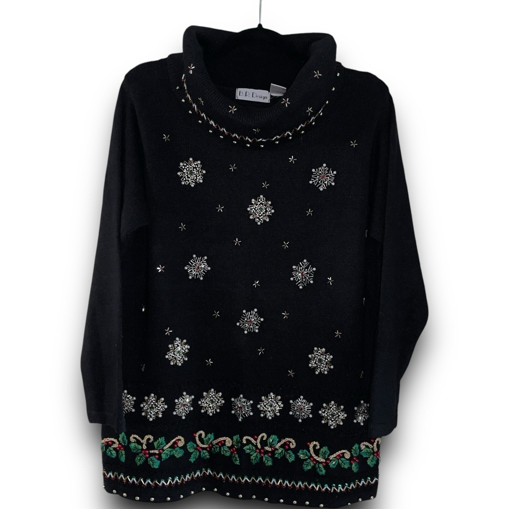 Vtg 90s pullover Christmas knit beaded snowflake sweater cowl turtle neck L EUC