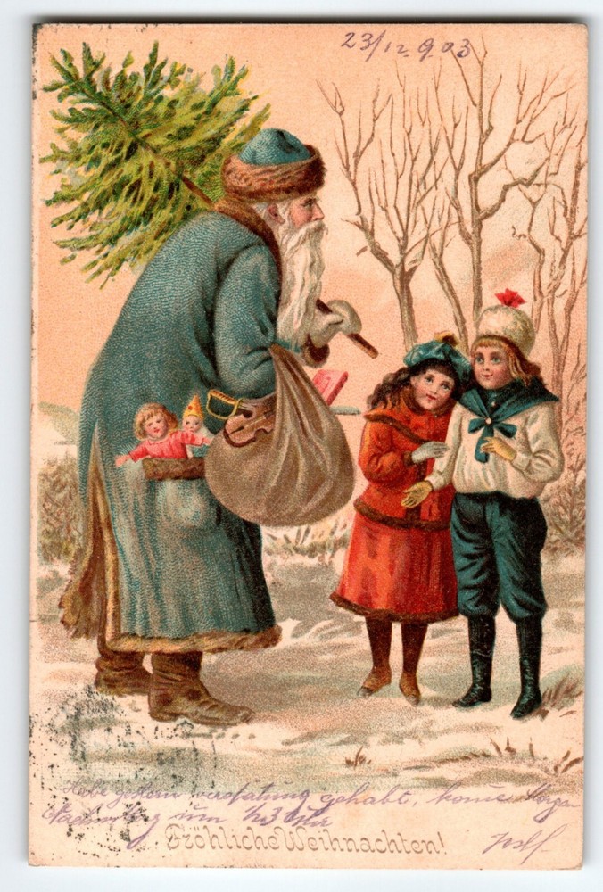 Santa Claus Christmas Postcard Blue Suit Coat Tree Children Old World Antique