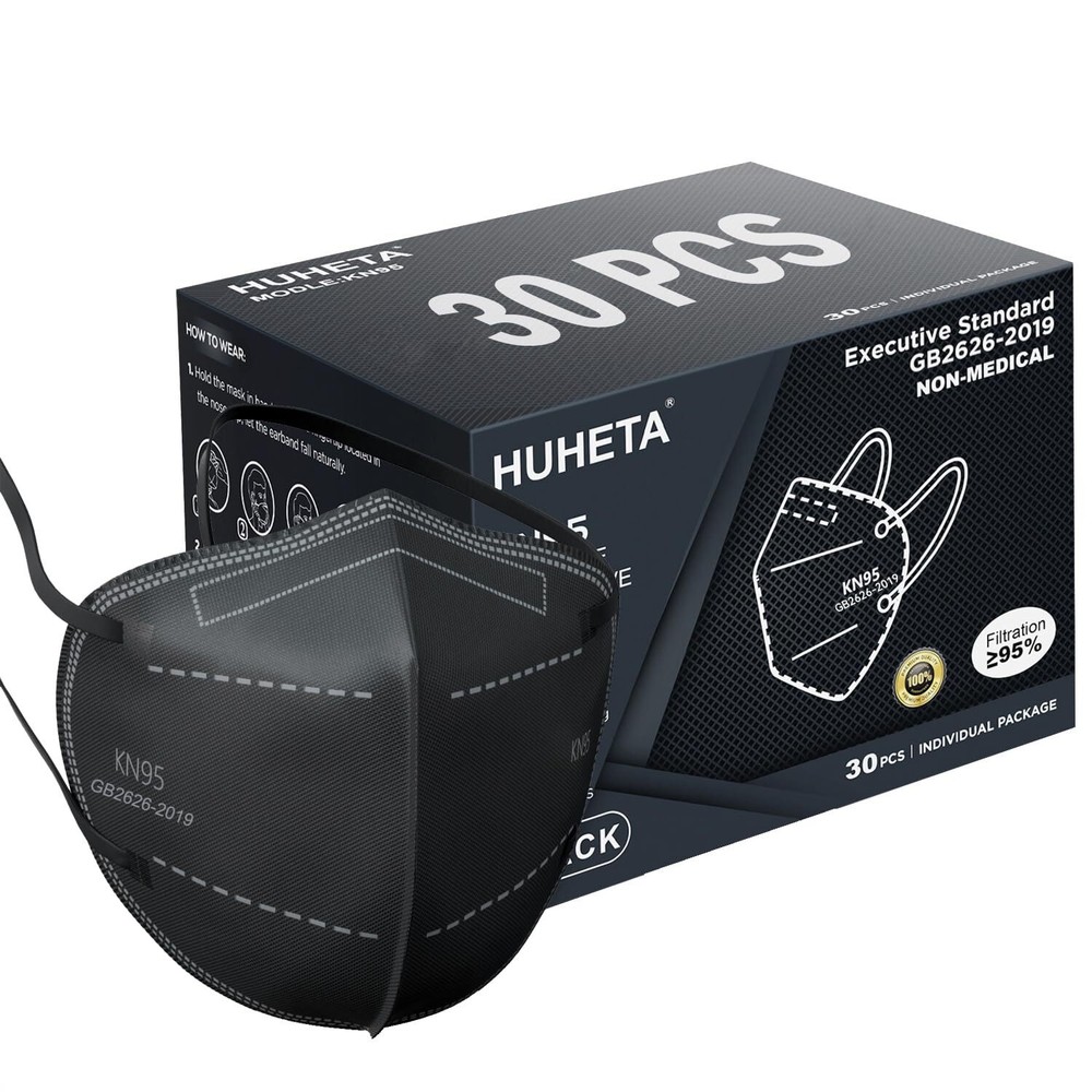 HUHETA KN95 Face Masks, Packs of 30 Individually 1 Count (Pack 30), Black
