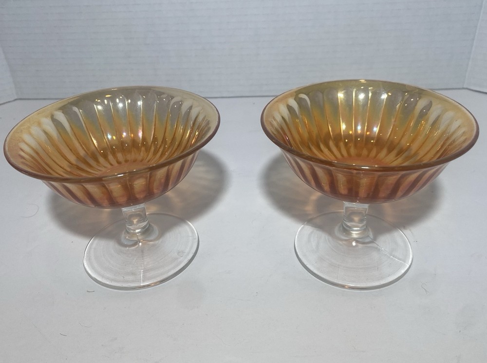 2 Vintage Ribbed Iridescent Marigold Carnival Glass Sherbet Dessert Dishes(F)