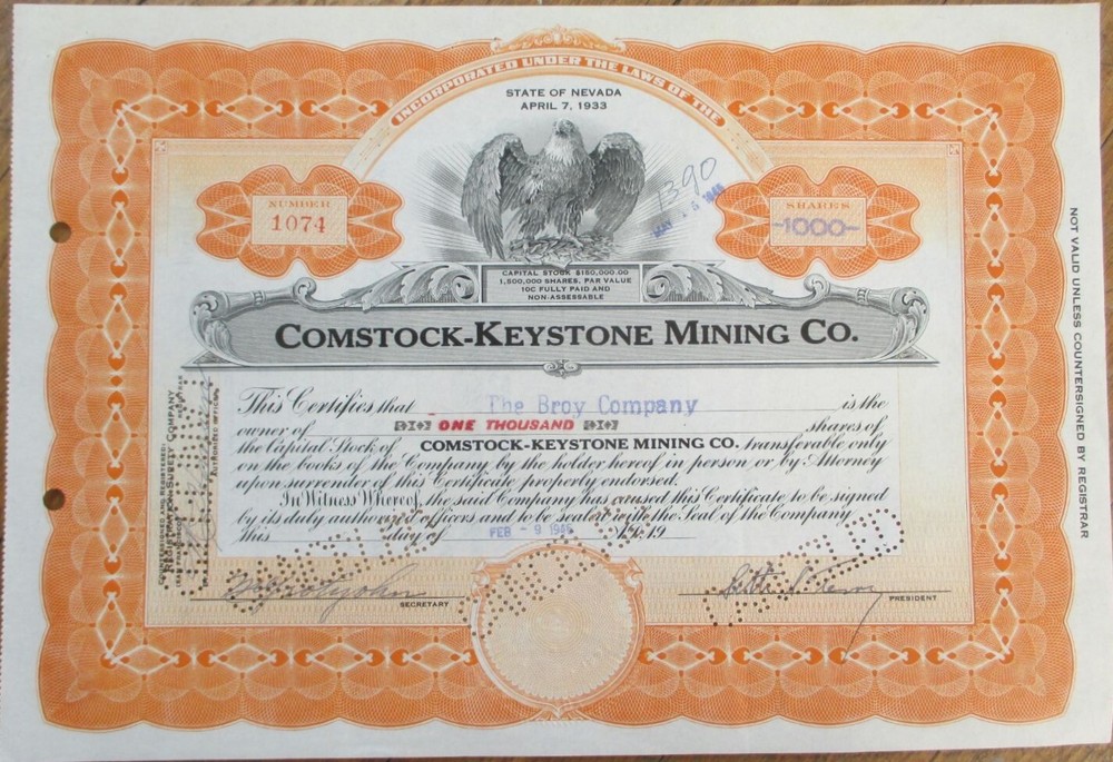 Comstock Keystone Mining Company 1946 Stock Certificate, Nevada NV Nev