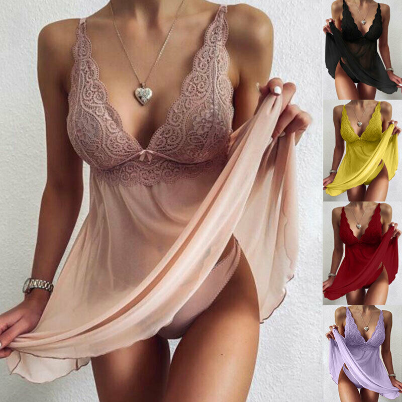Women Lace Sleepwear Strap Floral Panties Lingerie Pajamas V Neck Babydoll Dress