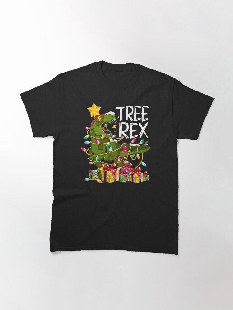 Christmas Tree T Rex Dinosaur Tangled in Xmas Lights Garland Gifts T-Shirt Tee
