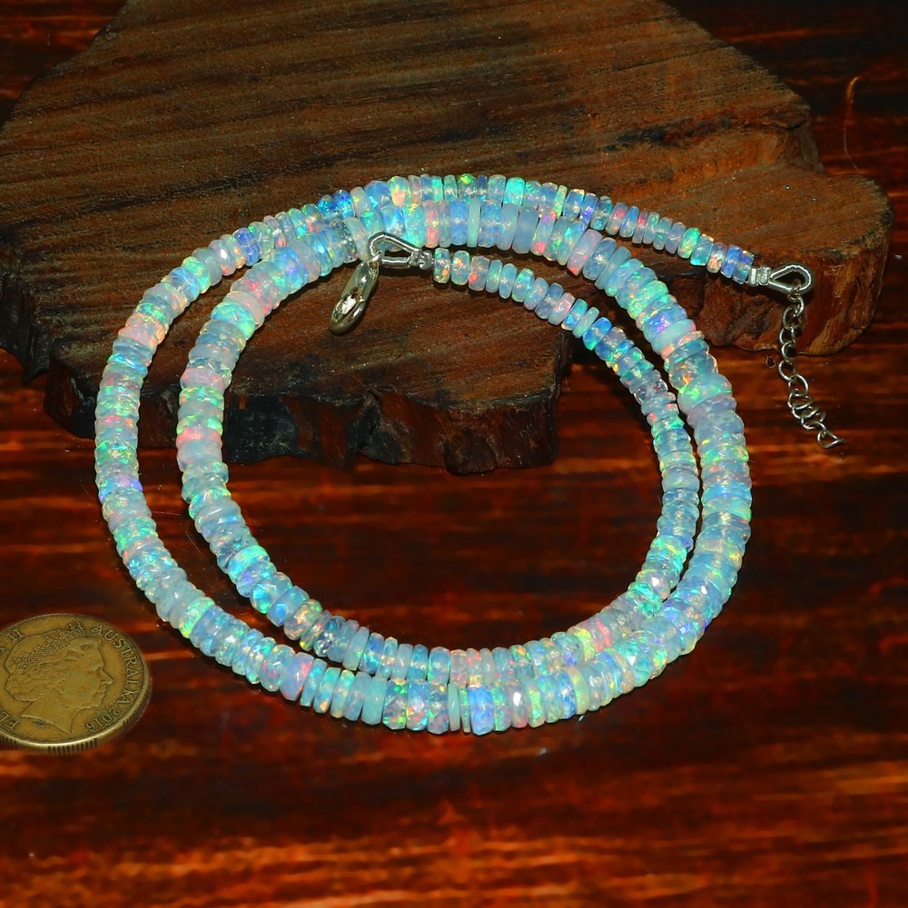 Natural Ethiopian Fire Opal Faceted Beaded Necklace Sterling Silver Clasp  1133