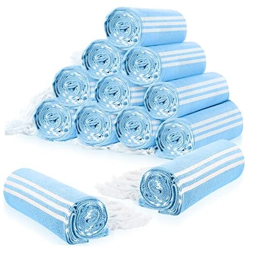 12 Pack Sky Blue Cotton Turkish Beach Towels 71x36 Inches Bulk Set  