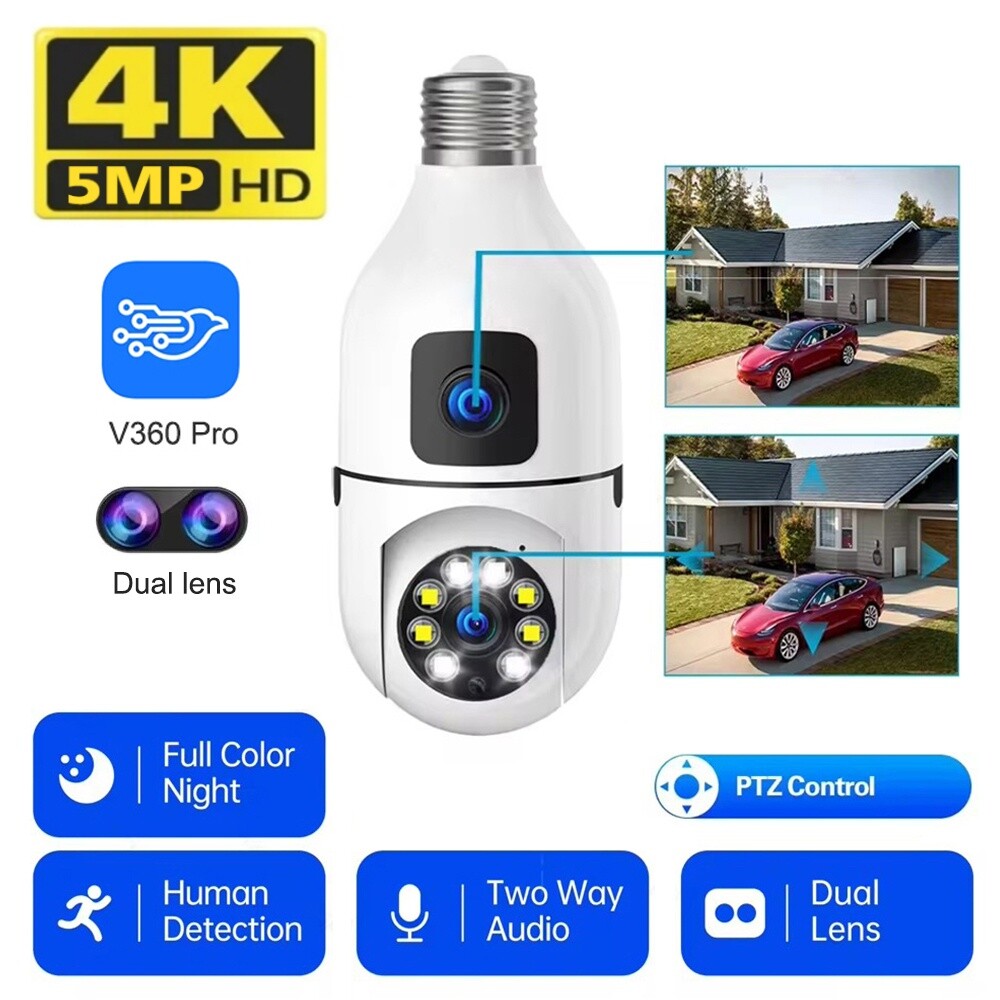 1080P Dual Lens Light Bulb Camera WiFi Wireless Home Security IR Night Vision US